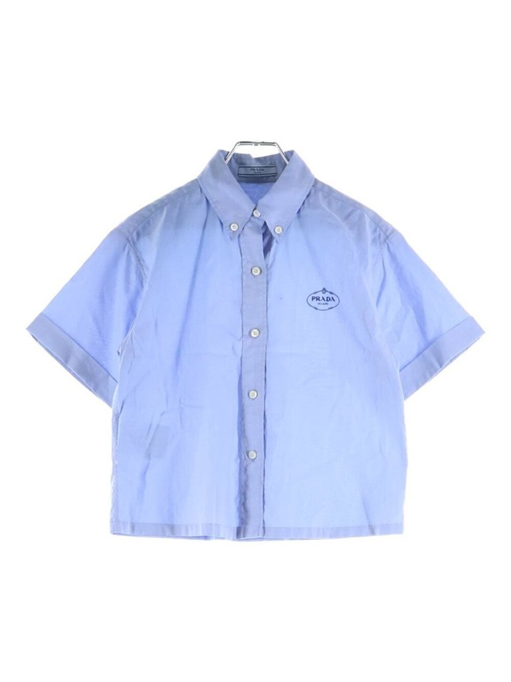 Prada Logo Print Short Sleeve Cropped Shirt Half Light Blue 36